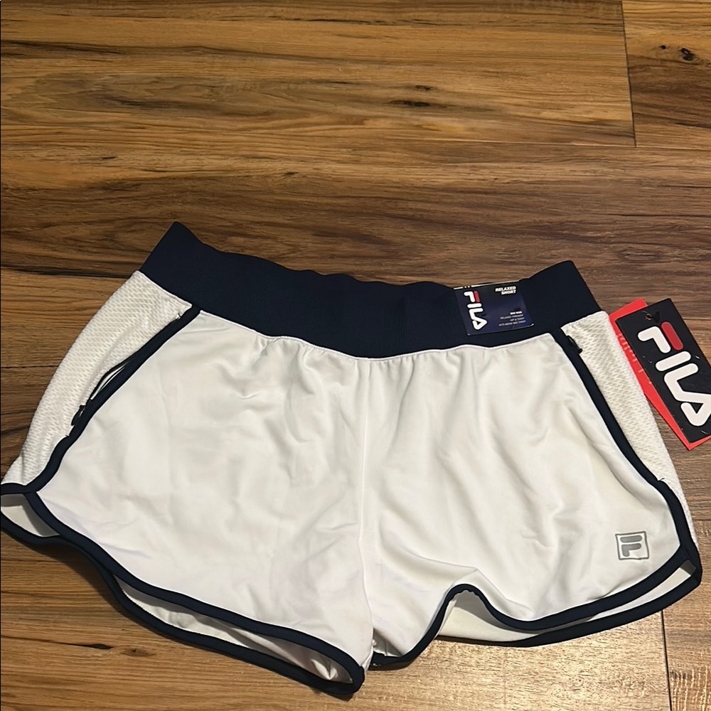 Fila White and Navy Athletic Shorts with Elastic Waistband